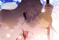  1boy :d aged_down artoria_pendragon_(fate) asamiyajy bad_id bad_twitter_id blonde_hair blue_sky closed_eyes cloud cloudy_sky commentary_request fate/stay_night fate_(series) female hands_up holding holding_staff hood hood_up korean_commentary korean_text light_purple_hair looking_at_another merlin_(fate) open_mouth ponytail purple_eyes robe saber_(fate) shirt short_hair sky smile staff translation_request white_shirt 