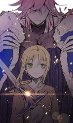  1boy aged_down ahoge artoria_pendragon_(fate) asamiyajy bad_id bad_twitter_id blonde_hair blue_cape caliburn_(fate) cape closed_mouth covered_eyes fate/stay_night fate_(series) female fur_trim glint green_eyes height_difference holding holding_sword holding_weapon light_smile looking_at_viewer merlin_(fate) purple_hair saber_lily smile solo_focus sword two-handed weapon 