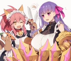  :d ;d alternate_costume animal_ear_fluff animal_ears apron bangs bell bell_collar black_dress blush bow breasts bright_pupils buckle carrot claws cleavage collar collarbone daikon dress enmaided fate/extra fate/extra_ccc fate/grand_order fate_(series) flying_sweatdrops food fox_ears fox_tail gloves hair_ribbon holding holding_knife huge_breasts jingle_bell knife large_breasts long_hair maid maid_headdress motion_lines multiple_girls muryotaro o-ring o-ring_top oerba_yun_fang one_eye_closed open_mouth passion_lip paw_gloves paws pink_eyes pink_hair pink_ribbon ponytail purple_eyes purple_hair red_bow ribbon simple_background sleeveless sleeveless_dress smile speech_bubble spoken_food straight_hair tail tamamo_(fate)_(all) tamamo_cat_(fate) thick_eyebrows tsurime upper_body v-shaped_eyebrows vegetable very_long_hair white_apron white_background yellow_eyes 