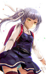  backpack bag belt blouse buttons commentary_request confetti dress female grey_hair hair_ribbon kantai_collection kasumi_(kancolle) kasumi_kai_ni_(kancolle) kumao_mofumofu long_hair long_sleeves looking_at_viewer panties pantyshot photoshop_(medium) pinafore_dress randoseru ribbon school_uniform shirt side_ponytail simple_background sleeveless sleeveless_dress solo striped_clothes striped_panties thighhighs underwear white_background white_ribbon white_shirt yellow_eyes 