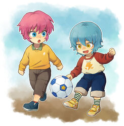  2boys aged_down aqua_hair ball blue_eyes commentary_request inazuma_eleven_(series) inazuma_eleven_go kariya_masaki kirino_ranmaru lightning_bolt_symbol male_focus multiple_boys pink_hair riho soccer soccer_ball star_(symbol) telstar yellow_eyes 