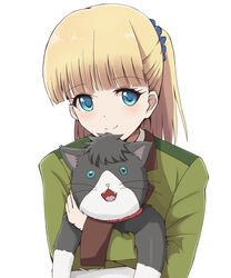  animal blonde_hair blue_eyes commentary_request feline female highres holding holding_animal holding_cat long_hair looking_at_viewer nyanko_big school_uniform simple_background smile tada-kun_wa_koi_wo_shinai teresa_wagner upper_body white_background zyuuyon 