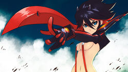  black_hair blue_eyes breasts cloud cloudy_sky commentary_request female hell_machina highres kill_la_kill matoi_ryuuko medium_breasts multicolored_hair navel photoshop_(medium) school_uniform scissor_blade_(kill_la_kill) senketsu short_hair sky smile solo suspenders two-tone_hair weapon 