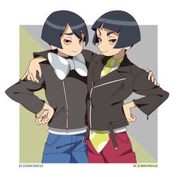  2boys arm_around_neck black_hair blunt_bangs bow bowl_cut bowtie brothers character_name commentary_request ebisugawa_ginkaku ebisugawa_kinkaku grey_eyes hand_on_own_hip jacket leather leather_jacket looking_at_viewer multiple_boys necktie photoshop_(medium) polka_dot siblings sigumado66 simple_background smile standing swept_bangs symmetrical_pose uchouten_kazoku 