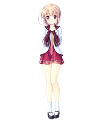  bekkankou blush brown_eyes brown_hair detached_sleeves dress female full_body highres looking_at_viewer necktie official_art own_hands_together school_uniform sen_no_hatou_tsukisome_no_kouki shoes short_dress short_hair smile socks solo standing tokita_kanami transparent_background white_socks 