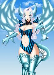  blue_eyes breasts claws cleavage demon_girl fairy_tail female horns kodansha large_breasts lipstick long_hair makeup mirajane mirajane_strauss solo tail white_hair wings 