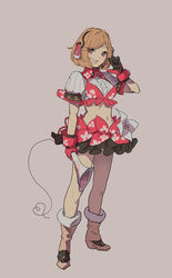  :d boots brown_eyes brown_footwear brown_hair calling commentary_request crop_top daigoman female flower full_body fur-trimmed_boots fur_trim gloves grey_background headphones highres holding holding_megaphone megaphone meiko_(vocaloid) midriff navel open_mouth sakine_meiko short_hair short_sleeves simple_background smile solo standing swept_bangs vocaloid 