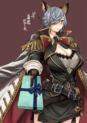  animal_ears badge belt blush box breasts brown_background brown_eyes buttons cape cleavage commentary_request epaulettes female freesia_(granblue_fantasy) garter_straps gift gift_box glasses gloves granblue_fantasy grey_hair hair_over_one_eye holding holding_gift incoming_gift kokuriu large_breasts long_sleeves military military_uniform pencil_skirt photoshop_(medium) semi-rimless_eyewear short_hair simple_background skirt solo under-rim_eyewear uniform valentine 