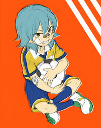  1boy ball bandaid bandaid_on_face bandaid_on_nose commentary_request grin inazuma_eleven_(series) inazuma_eleven_go indian_style kariya_masaki male_focus raimon raimon_soccer_uniform riho sitting smile soccer_ball soccer_uniform solo sportswear telstar 