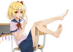  barefoot blonde_hair blue_sailor_collar blue_skirt bow bowtie chair commentary crystal desk feet female flan_(seeyouflan) flandre_scarlet full_body hair_between_eyes hairbow highres holding ke-ta_(style) legs looking_at_viewer miniskirt no_headwear one_side_up photoshop_(medium) red_bow red_bowtie red_eyes sailor_collar school_desk school_uniform serafuku short_hair short_sleeves simple_background sitting skirt smile soles solo thighs toes touhou white_background wings 