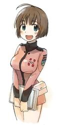  :d ahoge bad_id bad_pixiv_id blush bob_cut breasts brown_hair clipboard female green_eyes harada_makoto johnny_(planet3310) large_breasts looking_at_viewer medic open_mouth pouch short_hair smile solo uchuu_senkan_yamato uchuu_senkan_yamato_2199 uniform white_background 