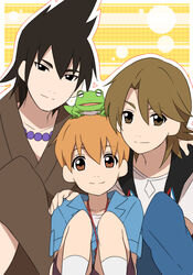  3boys bad_id bad_pixiv_id beads brothers brown_eyes brown_hair commentary_request denim frog hand_on_another&#039;s_shoulder japanese_clothes jeans jewelry kimono knees_to_chest lolicon long_hair looking_at_viewer male_focus multiple_boys necklace orange_hair pants pompadour sekina shimogamo_yaichirou shimogamo_yajirou shimogamo_yasaburou shimogamo_yashirou shirt shorts siblings simple_background sitting sitting_on_head sitting_on_person smile socks t-shirt uchouten_kazoku vest white_socks 