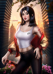  1girls alternate_version_available asian asian_female ayyasap black_eyes black_hair breasts cleavage coca-cola contrapposto disney disney_princess fa_mulan female female_focus female_only hand_on_hip hi_res high_heels highres jacket jeans lipstick mulan pants patreon ralph_breaks_the_internet red_lipstick short_hair sleeveless_shirt solo solo_focus spread_legs standing tank_top tattoo white_shirt 