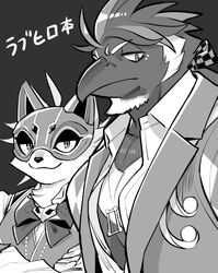  1boshi alchiba anthro avian beak bird bow_tie canid canine clothing corvid corvus_(genus) crow duo fox japanese_text lifewonders live_a_hero male mammal mask monochrome muscular muscular_anthro muscular_male oscine passerine pecs phantom_thief smug suit text topwear vest vulpecula 