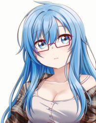  absurdres bespectacled blue_eyes blue_hair breasts camisole chromatic_aberration cleavage collarbone elie_wayne female glasses highres jan_azure large_breasts long_hair off_shoulder original plaid plaid_shirt red-framed_eyewear semi-rimless_eyewear shirt sidelocks solo under-rim_eyewear upper_body 