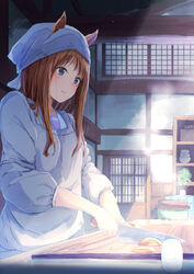  alternate_costume animal_ears apron blue_eyes brown_hair commentary_request cutting_board female fukunaga_nagisa grass_wonder_(umamusume) head_scarf highres holding holding_knife horse_ears horse_girl kappougi kitchen knife light_particles long_hair morning partial_commentary school_uniform shouji sidelocks sliding_doors solo steam sunlight tenugui tracen_school_uniform umamusume 