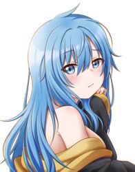  :/ absurdres blue_eyes blue_hair breasts elie_wayne female from_side head_rest highres jacket jan_azure large_breasts long_hair looking_at_viewer off_shoulder original simple_background solo upper_body white_background 