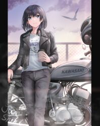  artist_name asymmetrical_hair bird black_hair black_pants blue_eyes chain-link_fence cup denim disposable_cup english_text feet_out_of_frame female fence helmet highres holding holding_cup jacket jeans junshiki kawasaki leaning_on_object leather leather_jacket looking_at_viewer medium_hair motor_vehicle motorcycle original pants shirt solo twilight white_shirt 