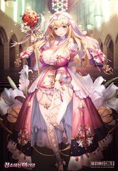  bare_shoulders blonde_hair blush breasts cathedral cleavage destiny_child dress female flower green_eyes highres indoors jewelry kkuem korean_text large_breasts long_hair looking_at_viewer miriam_(destiny_child) mole mole_under_mouth official_art scepter solo thighhighs 