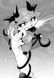  abstract_background ambiguous_gender bite black_sclera bodily_fluids debidebi_debiru demon duo finger_bite finger_in_mouth greyscale head_horn hooves horn human mammal membrane_(anatomy) membranous_wings monochrome nijisanji oribiyo semi-anthro spade_tail sweat tail tail_around_arm vtuber white_eyes wings 