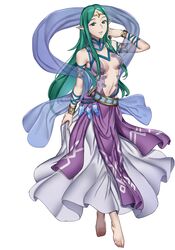  absurdres barefoot breasts circlet commentary ebinku english_commentary female fire_emblem fire_emblem_awakening full_body green_eyes green_hair highres long_hair naga_(fire_emblem) navel parted_lips pointy_ears simple_background solo toes white_background 