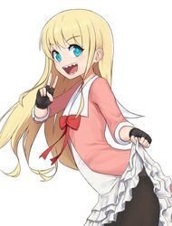  blonde_hair blue_eyes dress fantasy_bishoujo_juniku_ojisan_to female fingerless_gloves genderswap_(mtf) gloves jpeg_artifacts lifting_own_clothes long_hair looking_at_viewer open_mouth pantyhose red_ribbon ribbon rule_63 sharp_teeth simple_background skirt skirt_hold smile solo squid_neetommy tachibana_hinata_(fabiniku) teeth v 