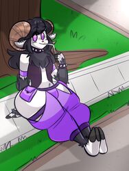  3:4 anthro beverage black_hair bovid caprine clothed clothing cloven_hooves digital_media_(artwork) drinking exposed_thighs femboy hair hooves horn jammedvhs long_hair male mammal outside purple_eyes roadside shaded sheep sitting soda solo sono_(sonomatic) straw_(disambiguation) topwear vest 