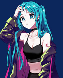  black_choker blue_background blue_eyes blue_hair breasts choker cleavage closed_mouth clothes_down coat collarbone commentary crop_top earrings female hand_in_own_hair hatsune_miku highres ille_(xcpa7325) jewelry long_hair long_sleeves midriff navel open_clothes open_coat simple_background small_breasts solo stomach twintails very_long_hair vocaloid 