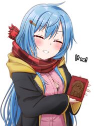  absurdres blue_hair blush breasts chocolate cleavage closed_eyes elie_wayne enpera facing_viewer female grin hair_ornament hairclip highres jan_azure large_breasts long_hair long_sleeves original parted_lips red_scarf scarf smile teeth valentine 