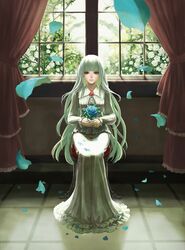  albino blue_flower blue_petals blue_rose blunt_bangs commentary curtains dress fata_morgana_no_yakata female flower flower_brooch full_body holding holding_flower long_dress long_hair long_sleeves looking_at_viewer moyatarou official_art petals red_eyes rose sitting solo straight_hair the_white-haired_girl_(fata_morgana_no_yakata) white_dress white_flower white_hair white_rose window 