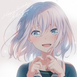  :d absurdres bang_dream! blue_eyes blue_shirt blush character_name commentary dated female gradient_background grey_background hair_between_eyes hands_up happy_birthday highres index_fingers_together kurata_mashiro light_particles long_sleeves looking_at_viewer medium_hair nobusawa_osamu nose_blush open_mouth portrait school_uniform shirt smile solo tsukinomori_school_uniform white_background white_hair 