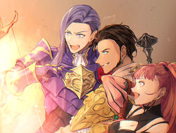  2boys arm_up beard bow_(weapon) brown_hair claude_von_riegan commentary_request dark-skinned_male dark_skin earrings facial_hair female fire_emblem fire_emblem:_three_houses from_side green_eyes grin hilda_valentine_goneril jewelry long_hair lorenz_hellman_gloucester multiple_boys open_mouth pink_eyes pink_hair ponytail purple_eyes purple_hair shinsuke_(moccori) short_hair simple_background smile twitter_username upper_body weapon 