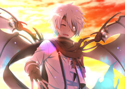  1boy b-52_cocktail_(food_fantasy) closed_eyes commentary_request demon_wings eyepatch fingerless_gloves food_fantasy gears gloves grey_hair male_focus mechanical_wings neko_tasogare open_mouth orange_sky poncho scarf sky smile solo suspenders wings 