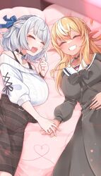  2girls blonde_hair braid breasts couple dark-skinned_female dark_skin elf french_braid grey_hair hair_down hairband highres holding_hands hololive jewelry long_hair multicolored_hair multiple_girls off-shoulder_sweater off_shoulder official_alternate_costume pointy_ears ring shiranui_flare shiranui_flare_(street) shirogane_noel shirogane_noel_(casual) short_hair starblame streaked_hair string string_of_fate sweater virtual_youtuber wavy_hair wedding_ring white_hair white_sweater wife_and_wife yuri 