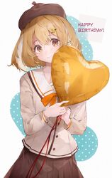  animal_ears animare bad_id bad_twitter_id balloon blush brown_hair brown_hat brown_skirt collarbone female hair_ornament hairclip happy_birthday hat heart_balloon highres holding holding_balloon inaba_haneru_(animare) long_hair long_sleeves looking_at_viewer nanashi_inc. rabbit_ears rippootai skirt smile solo virtual_youtuber 