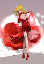  absurdres blonde_hair blue_eyes bouquet chinese_commentary commentary_request dress earrings elysion female flower gloves halterneck hand_on_own_face high_heels highres holding jewelry kneepits lipstick makeup mary_janes noir_(ibaraki) petals photoshop_(medium) red_dress red_flower red_footwear red_gloves rose shoes sound_horizon stella_(sound_horizon) 