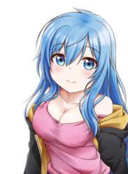  absurdres blue_eyes blue_hair breasts cleavage closed_mouth collarbone elie_wayne female highres jan_azure large_breasts long_hair looking_at_viewer original pink_tank_top solo tank_top 