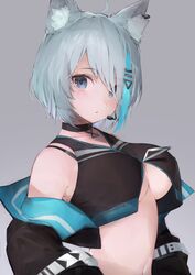  animal_ear_fluff animal_ears animare bad_id bad_twitter_id black_choker black_jacket black_shirt blue_eyes blue_hair blush breasts choker commentary dog_ears female grey_background grey_hair hair_ornament hair_over_one_eye hairclip headset highres jacket large_breasts looking_at_viewer midriff multicolored_hair nanashi_inc. navel off_shoulder open_clothes open_jacket open_mouth parted_lips rippootai shirt short_hair simple_background sleeveless solo souya_ichika souya_ichika_(4th_costume) two-tone_hair underboob upper_body virtual_youtuber zipper_pull_tab 