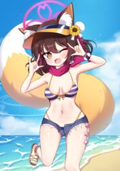  :d \m/ absurdres animal_ear_fluff animal_ears arm_up bad_id bad_pixiv_id bare_legs beach bikini blue_archive breasts brown_hair cutoffs denim denim_shorts double_\m/ female fox_ears fox_tail halo highres izuna_(blue_archive) izuna_(swimsuit)_(blue_archive) looking_at_viewer one_eye_closed open_mouth outdoors pink_halo shorts smile solo swimsuit tail yukki_bunny 