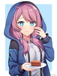  arknights blue_eyes blue_hoodie blue_poison_(arknights) blue_poison_(elite_ii)_(arknights) blush border cake chocolate_cake closed_mouth collared_shirt female food highres holding holding_plate hood hood_up hoodie lips long_sleeves looking_at_viewer low_twintails medium_hair pink_hair plate rynzfrancis shirt smile solo twintails upper_body white_border white_shirt 