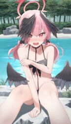  bare_arms bare_shoulders bikini black_bikini black_wings blue_archive blush breasts covering_breasts covering_privates embarrassed expressive_wings feathered_wings feet_out_of_frame female floral_print hair_between_eyes halo head_wings highres koharu_(blue_archive) koharu_(swimsuit)_(blue_archive) looking_at_viewer mirai_(mirai76_) open_mouth pink_eyes pink_hair print_bikini sitting small_breasts solo swimsuit thighs tree twintails water wings 