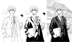  1boy alternate_costume bad_id bad_twitter_id breath business_suit coat cold cup formal greyscale holding holding_cup how_to kinoshita_sakura la_corda_d&#039;oro line_art male_focus monochrome necktie outdoors overcoat plaid_necktie solo suit tsukimori_len 