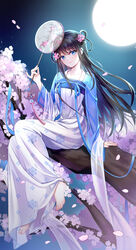  bad_id bad_twitter_id barefoot black_hair blue_dress blue_eyes branch chinese_clothes chinese_commentary collarbone dress female flower full_body hair_behind_ear hanfu head_tilt highres holding jiushi_shijiu korean_commentary moon night night_sky original pink_flower qixiong_ruqun sitting sky smile solo transparent_fan tuanshan 