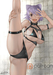  animal_ears ariverkao arm_strap bikini bikini_top_only black_bikini breasts brown_eyes female holding_leg huge_breasts leg_lift looking_at_viewer navel one_eye_closed open_mouth original patreon_username purple_hair short_hair solo split standing standing_on_one_leg standing_split swimsuit thigh_strap v 