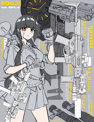  absurdres arm_up binoculars black_hair character_doll character_name chibi collared_shirt colt_9mm_smg commentary english_commentary english_text female fingerless_gloves girls&#039;_frontline gloves grey_background gun hand_on_weapon heterochromia highres holding holding_binoculars id_card jewelry lanyard m4_sopmod_ii_jr megaphone minata_(axl19941120) multicolored_hair necklace open_mouth over_shoulder pleated_skirt red_eyes ro635_(girls&#039;_frontline) scope shirt short_sleeves skirt solo spot_color submachine_gun sweater_vest twintails two-tone_hair untucked_shirt watch weapon weapon_over_shoulder white_hair wristwatch yellow_eyes 