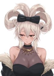  absurdres alternate_hairstyle animal_ears bare_shoulders black_bow black_eyes black_shirt borrowed_hairstyle bow breasts cinnamiku_hairstyle cleavage closed_mouth commentary ear_piercing female fur_trim grey_hair hair_between_eyes hair_rings hairbow highres hololive large_breasts lion_ears long_hair looking_away off_shoulder piercing see-through see-through_cleavage shirt shishiro_botan shishiro_botan_(1st_costume) sideways_glance simple_background solo tomj updo upper_body virtual_youtuber vocaloid white_background 