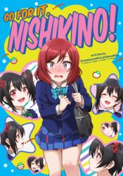  2girls absurdres black_hair blue_skirt blush bow commentary english_commentary full-face_blush ganbare!_nakamura-kun!! hairbow highres jan_azure looking_at_viewer love_live! love_live!_school_idol_project multiple_girls nishikino_maki open_mouth parody parted_lips pleated_skirt purple_eyes red_bow red_eyes red_hair school_uniform short_hair short_twintails skirt teeth twintails upper_teeth_only yazawa_nico yuri 