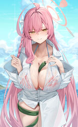  absurdres ahoge between_breasts bikini bikini_under_clothes blue_archive blue_sky bow breasts closed_mouth cloud day female green_eyes hairbow halo hanako_(blue_archive) hanako_(swimsuit)_(blue_archive) highres hose large_breasts long_hair mung_(larnec) official_alternate_costume outdoors pink_hair sexually_suggestive shirt sky smile solo swimsuit very_long_hair wet wet_clothes wet_shirt white_shirt 