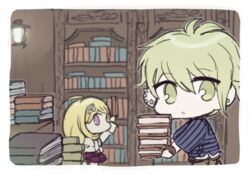  1boy akamatsu_kaede amami_rantaro backpack bag blonde_hair book book_stack bookshelf bracelet brown_pants chibi danganronpa_(series) danganronpa_v3:_killing_harmony earrings fc_(efushii) feet_out_of_frame female hair_ornament holding indoors jewelry long_hair looking_at_viewer musical_note musical_note_hair_ornament pants pleated_skirt profile purple_skirt shirt short_hair skirt striped_clothes striped_shirt 