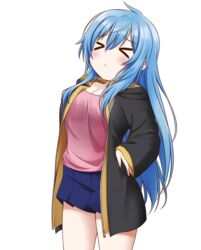  &gt;_&lt; :&lt; absurdres blue_hair blush breasts cleavage closed_eyes closed_mouth elie_wayne female highres jan_azure large_breasts long_hair long_sleeves original pink_tank_top solo stretching tank_top 